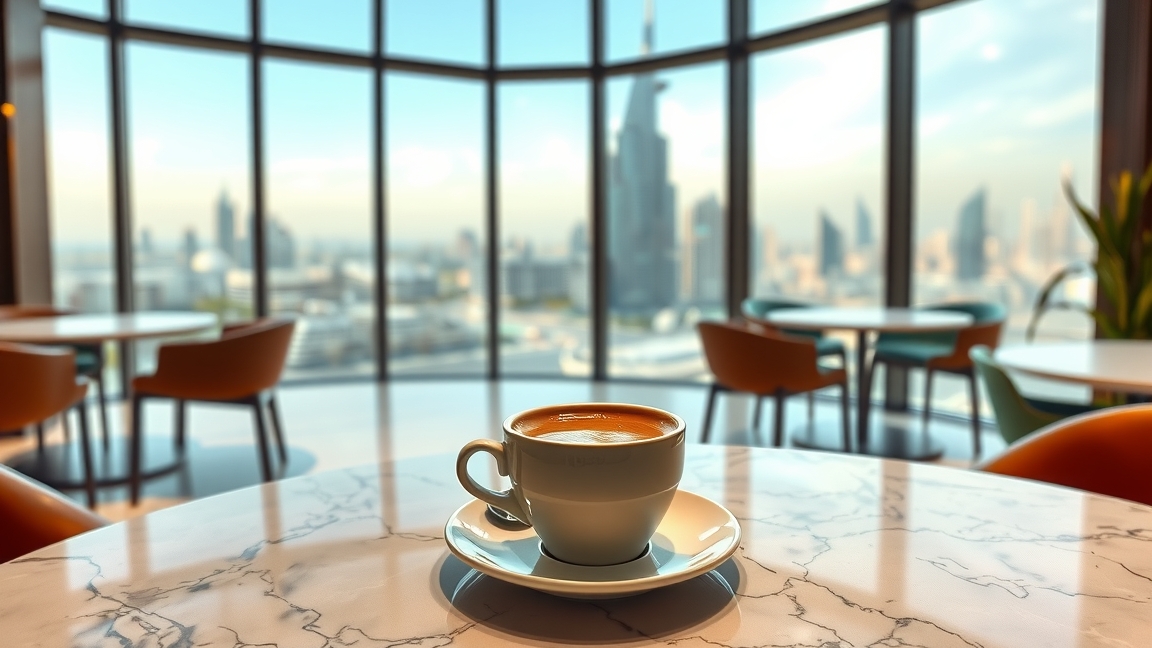 Kávé egy modern dubaji kávézóban a város panorámájával.