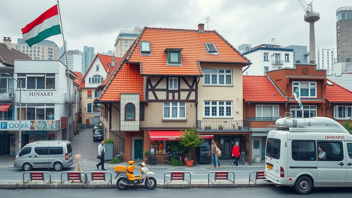 Hagyományos és modern épületek Magyarországon városi környezetben.