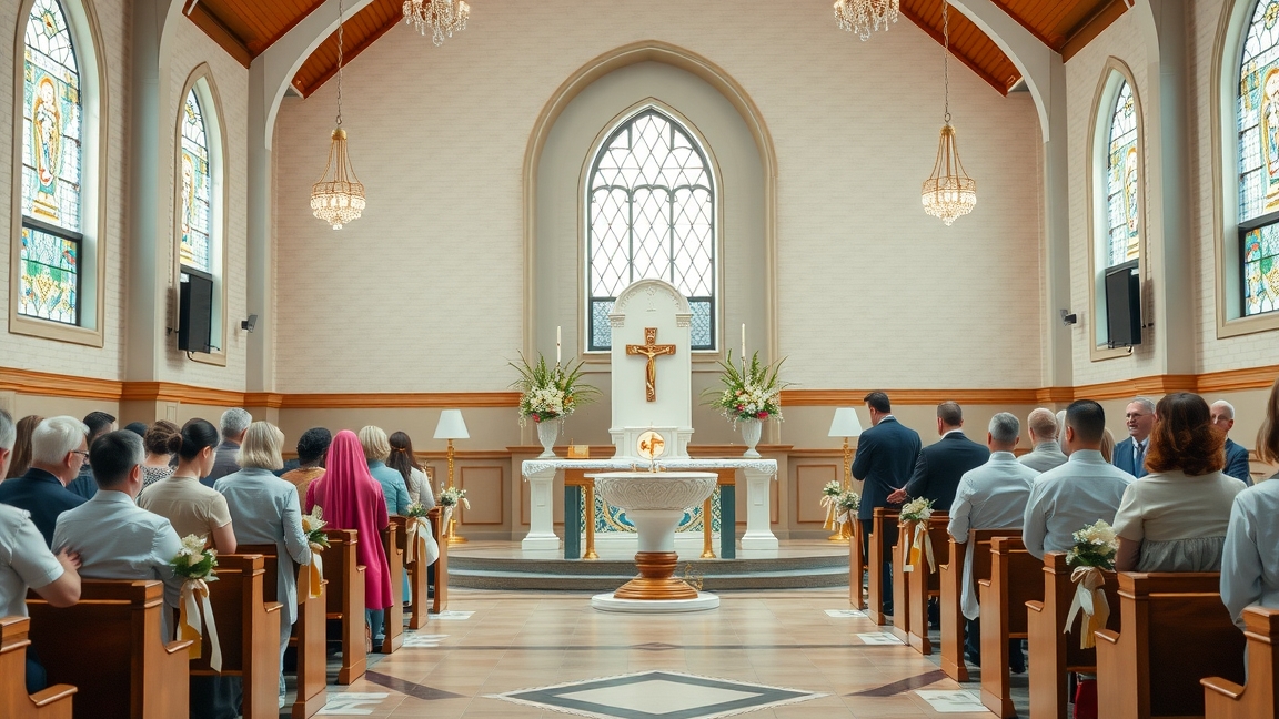 Keresztelő szertartás a templomban, vendégek ülnek