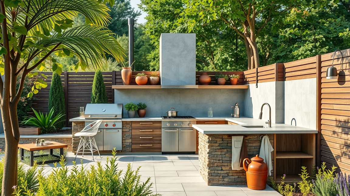 Modern kerti konyha stílusos teraszon zöld környezetben
