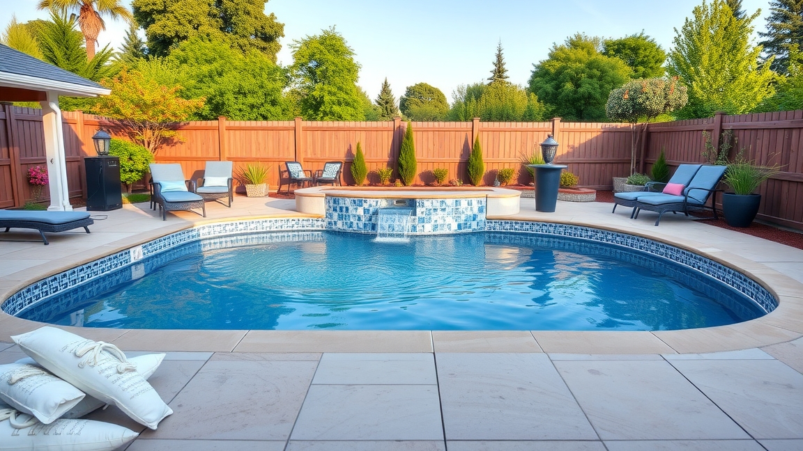 Gyönyörű kerti medence napernyővel és pálmafákkal körülvéve.