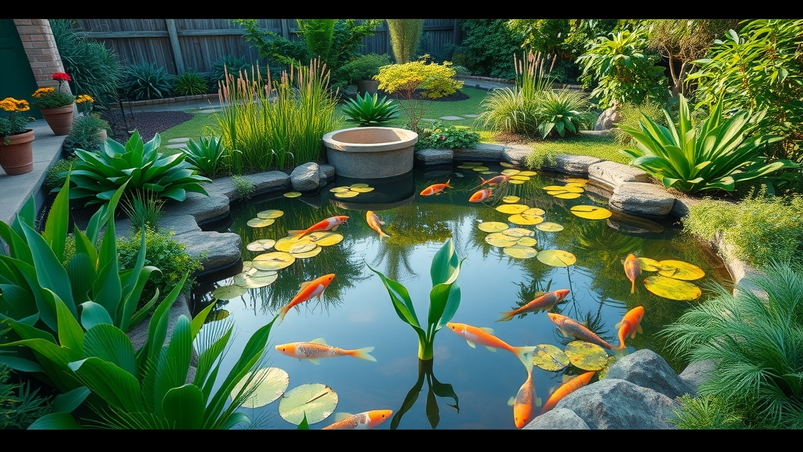 Színes halak egy gyönyörű kerti tóban, tündérrózsákkal körülvéve.
