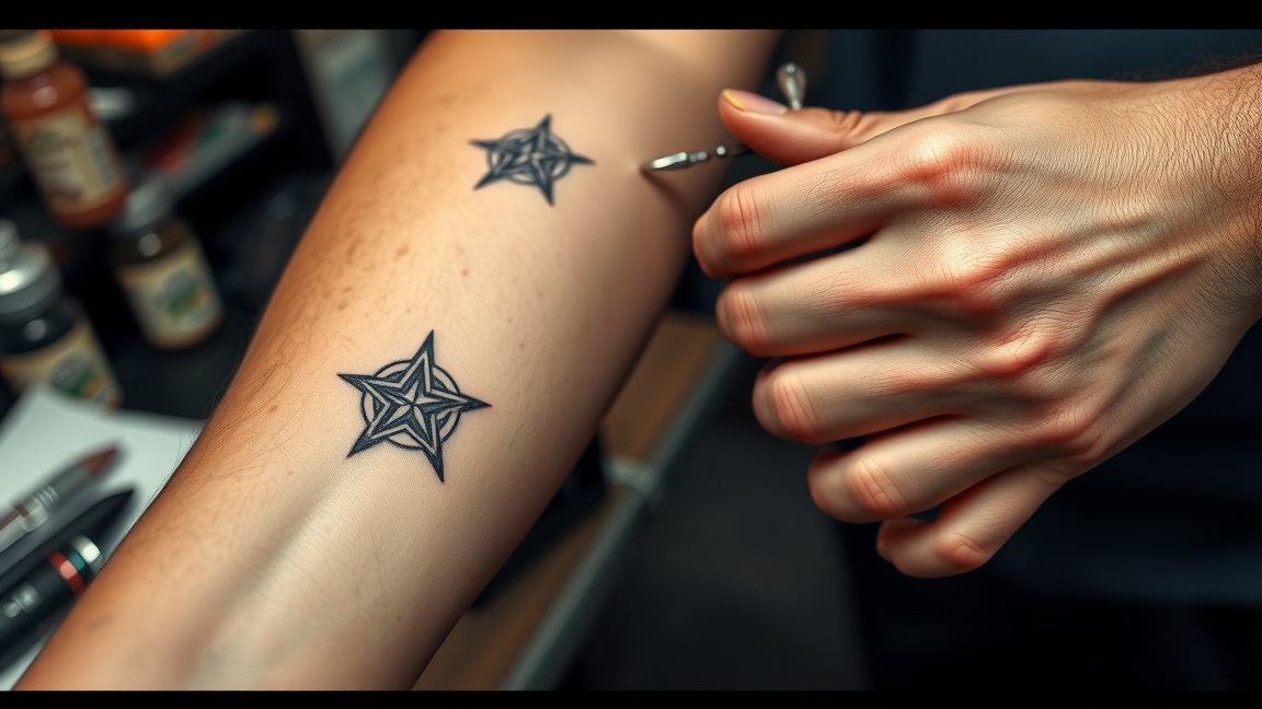 Kis minta tetoválás készítése egy kéz által, rajta csillag mintákkal.