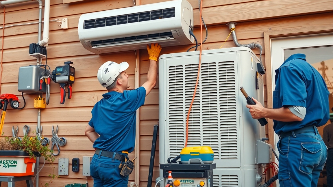 Klíma beszerelése munka közben szakemberek által.