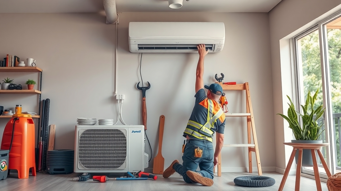 Klíma beszerelés folyamatban, szakember dolgozik a készüléken.