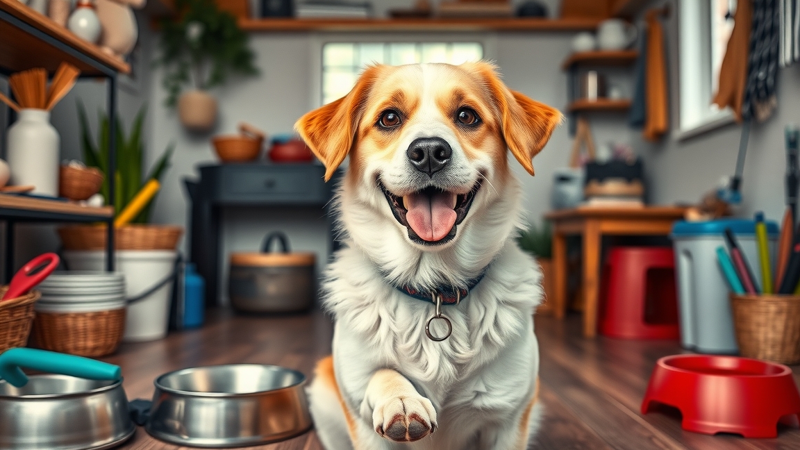 Egy boldog kutya az otthoni környezetében, ételtálakkal.