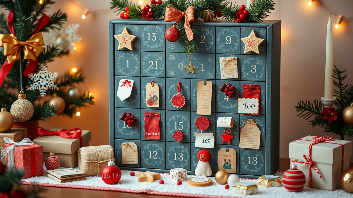 Kreatív DIY adventi naptár díszítve, karácsonyi hangulatban.