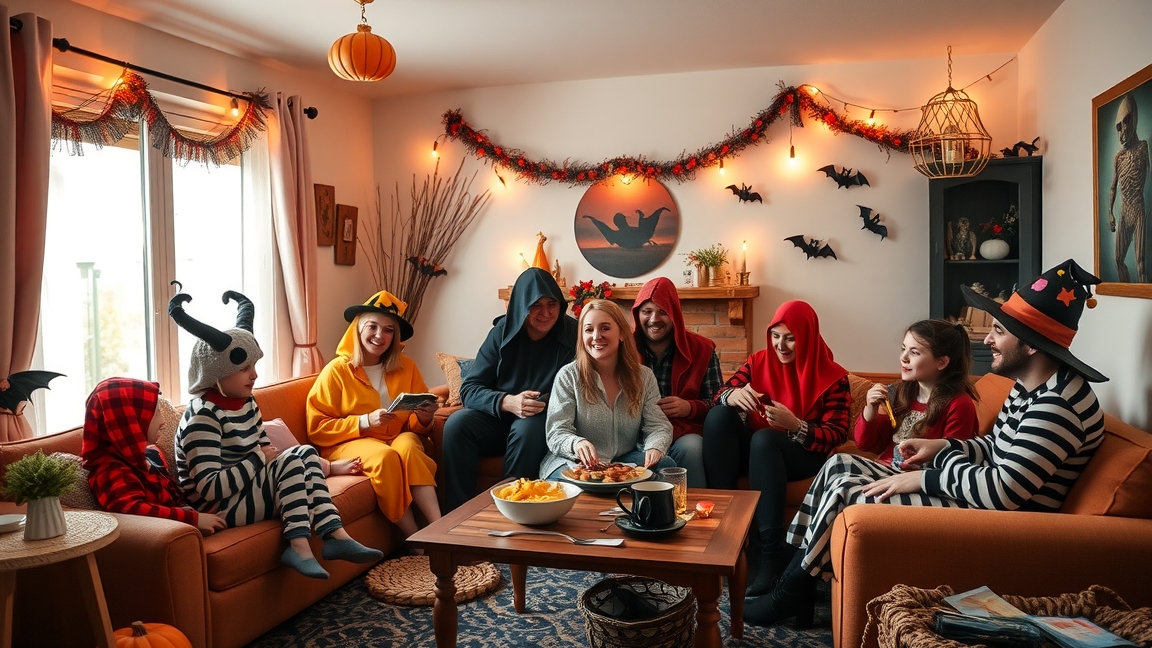 Halloween buli baráti társaság otthon, vicces jelmezekkel