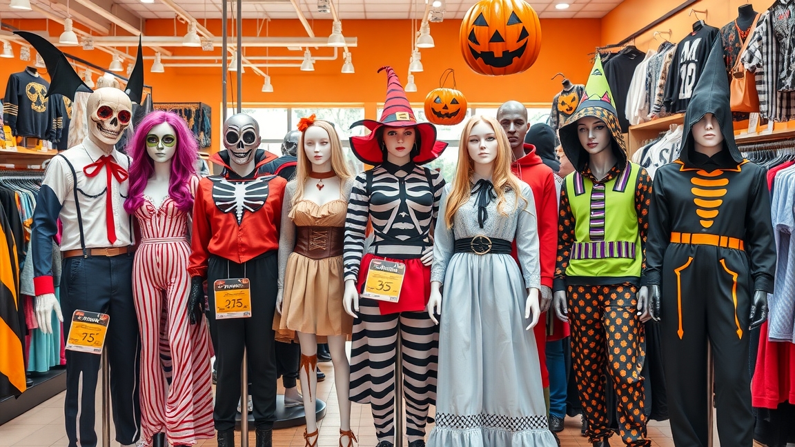 Halloween jelmezek bemutatója üzletben, költséghatékony megoldásokkal.