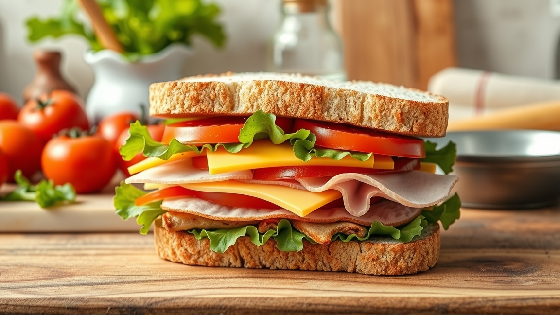 Házilag készült szendvics friss zöldségekkel és sajtokkal.