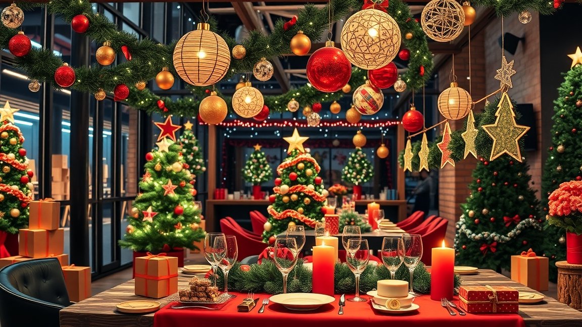 Karácsonyi dekoráció céges bulihoz, ünnepi asztal és fenyőfák.