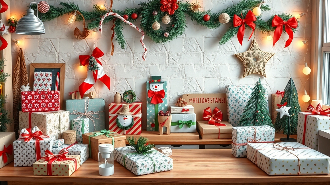 Kreatív karácsonyi csomagolás díszekkel és ajándékokkal.