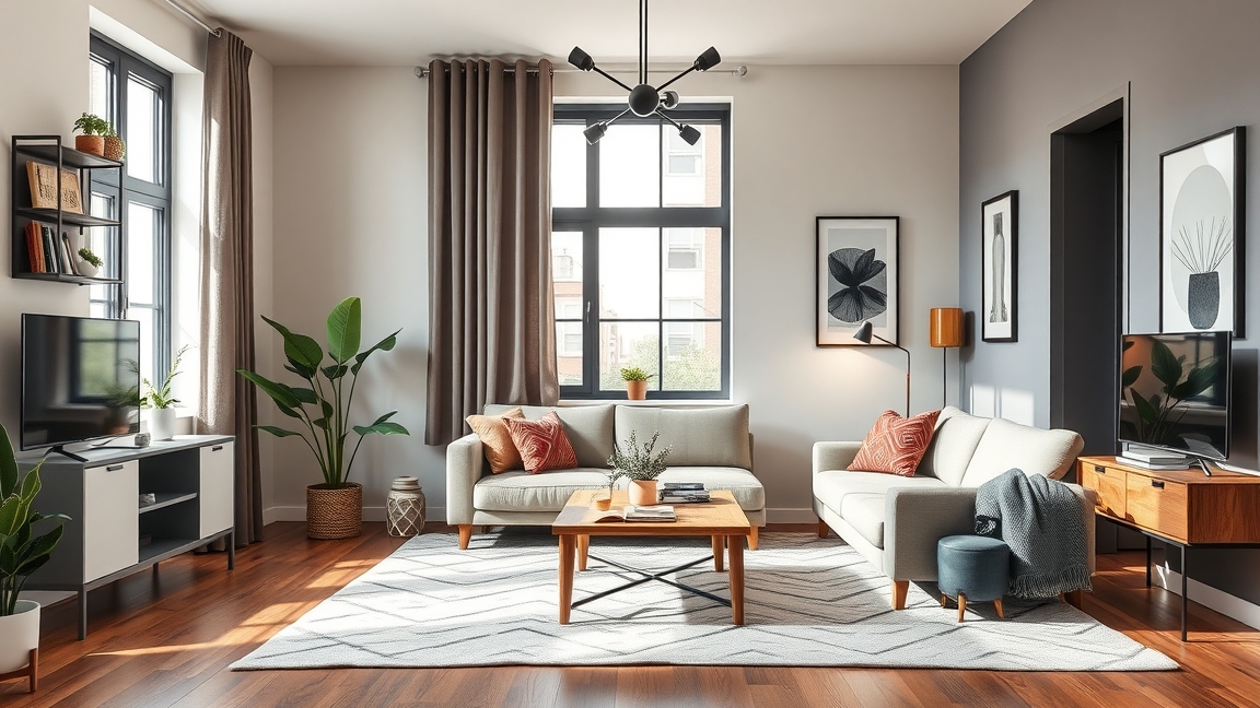 Modern nappali stílusos bútorokkal és világos dekorral.