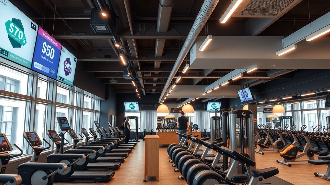 Modern edzőterem belső tér Budapesten, kardió gépekkel és fitnesz berendezésekkel.