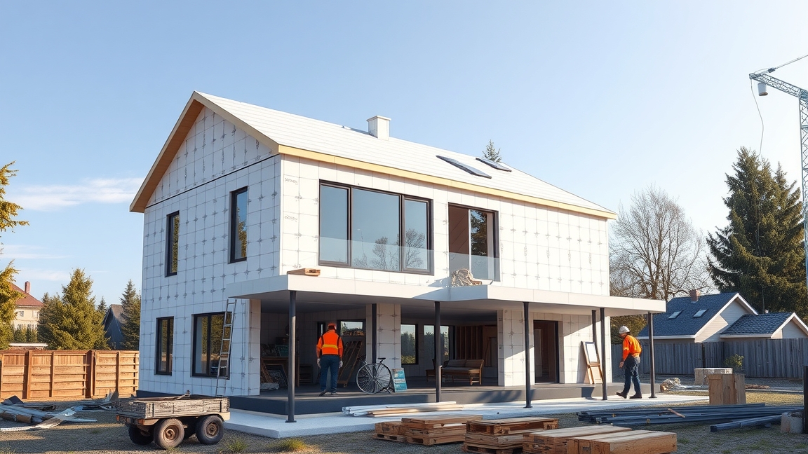 Könnyűszerkezetes ház építése, modern dizájnnal és építőmunkásokkal.