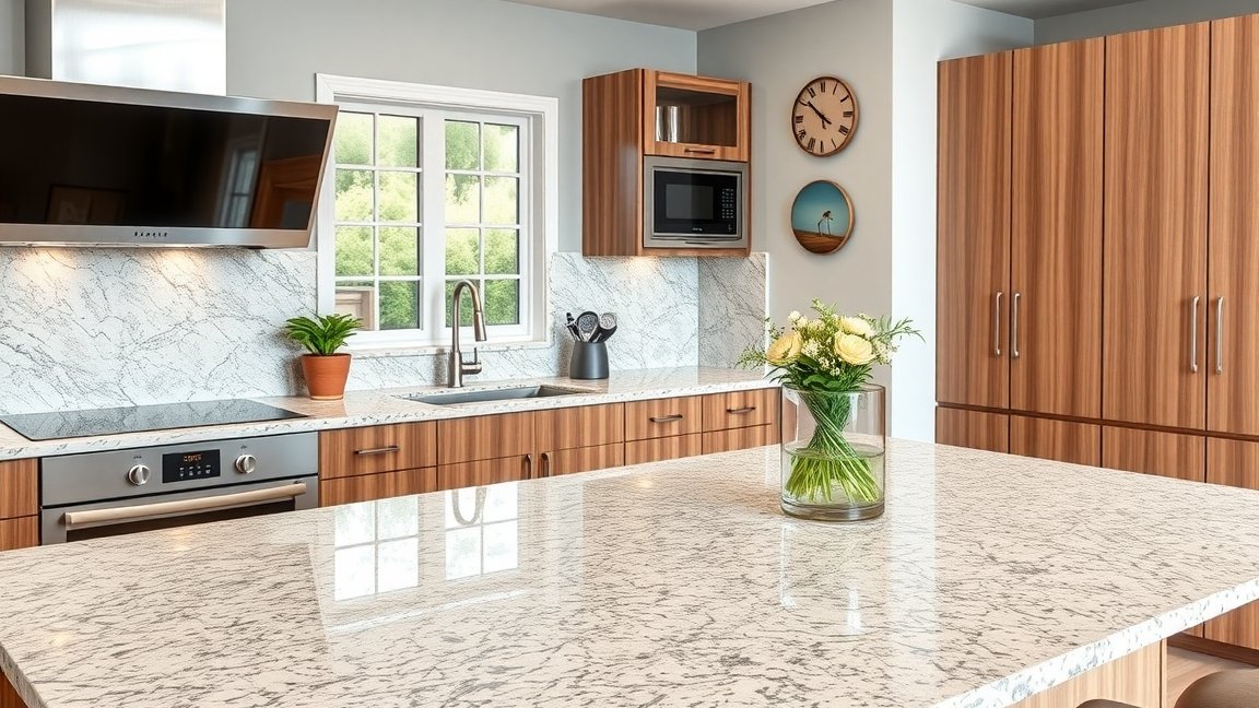 Modern konyha munkalappal és virágos vázával