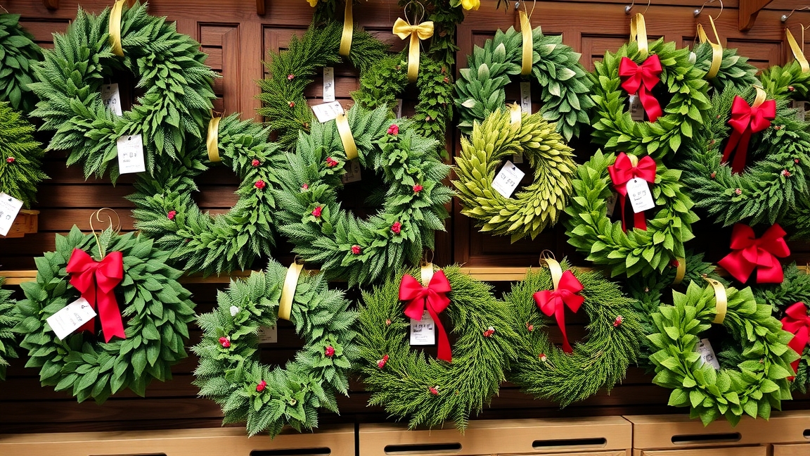 Különböző stílusú és színű koszorúk virágboltból.