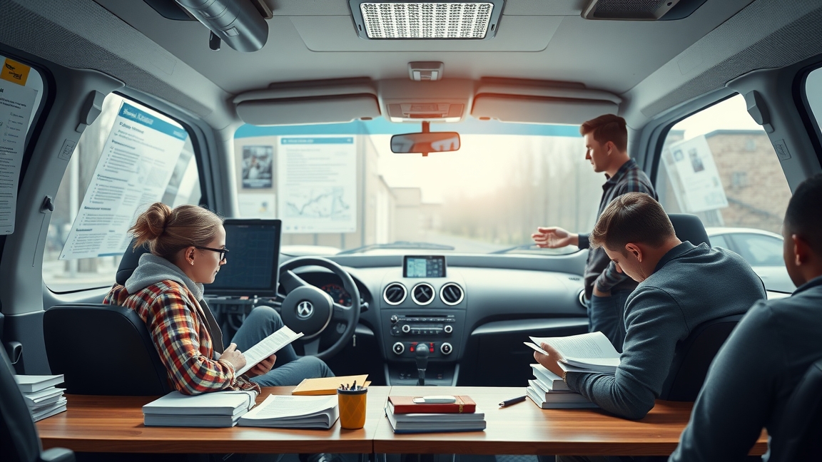 KRESZ tanfolyam órája autóban, diákok előadás alatt