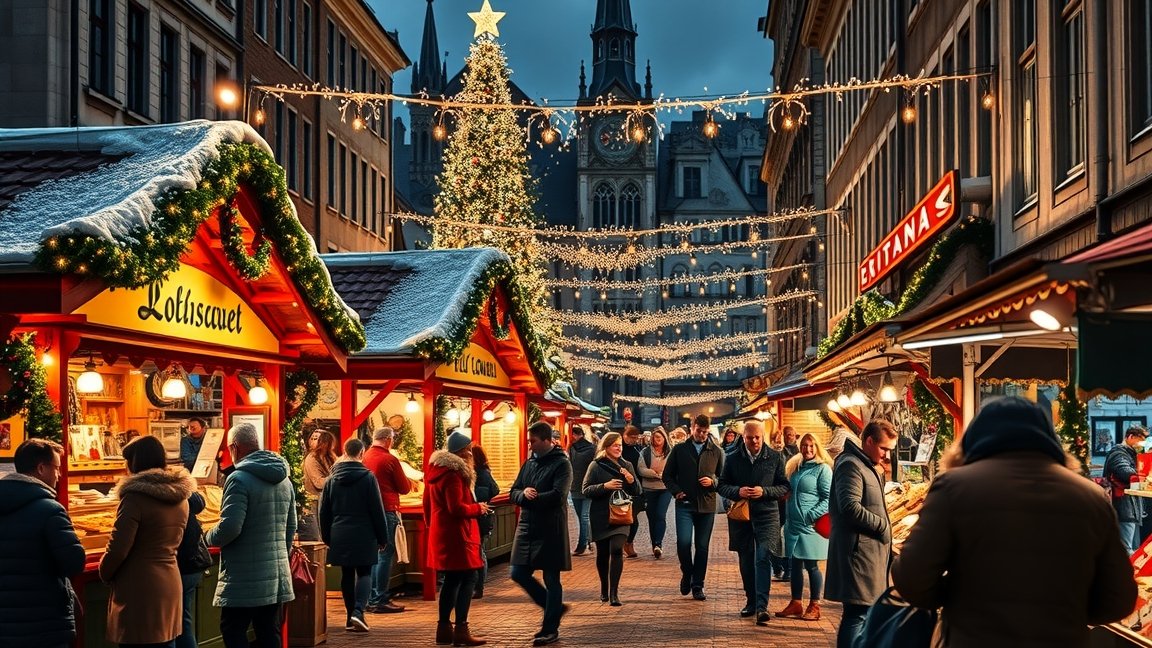 Karácsonyi vásár külföldön, hóval borított pavilonok és világítás.