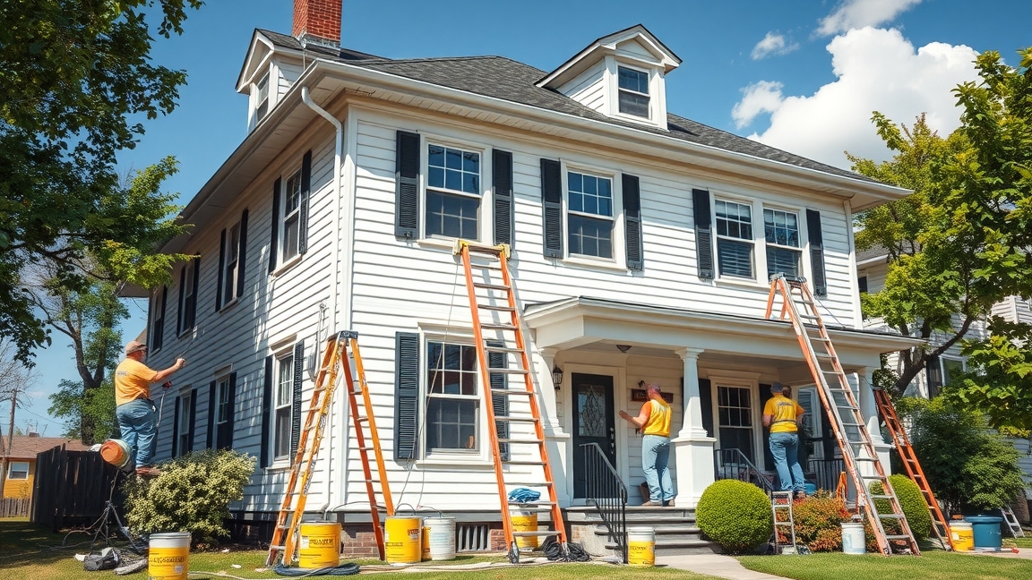 Ház külső festése szakemberek által, létrák és festék vödrök használatával.