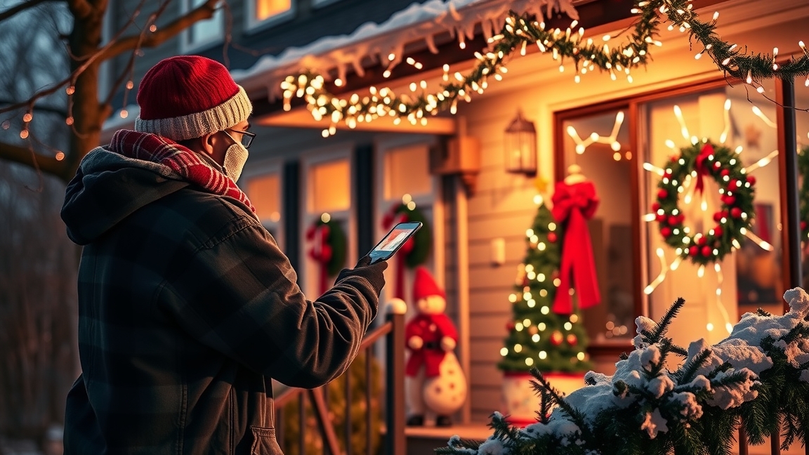 Férfi karácsonyi világítással díszített ház előtt okostelefonnal.