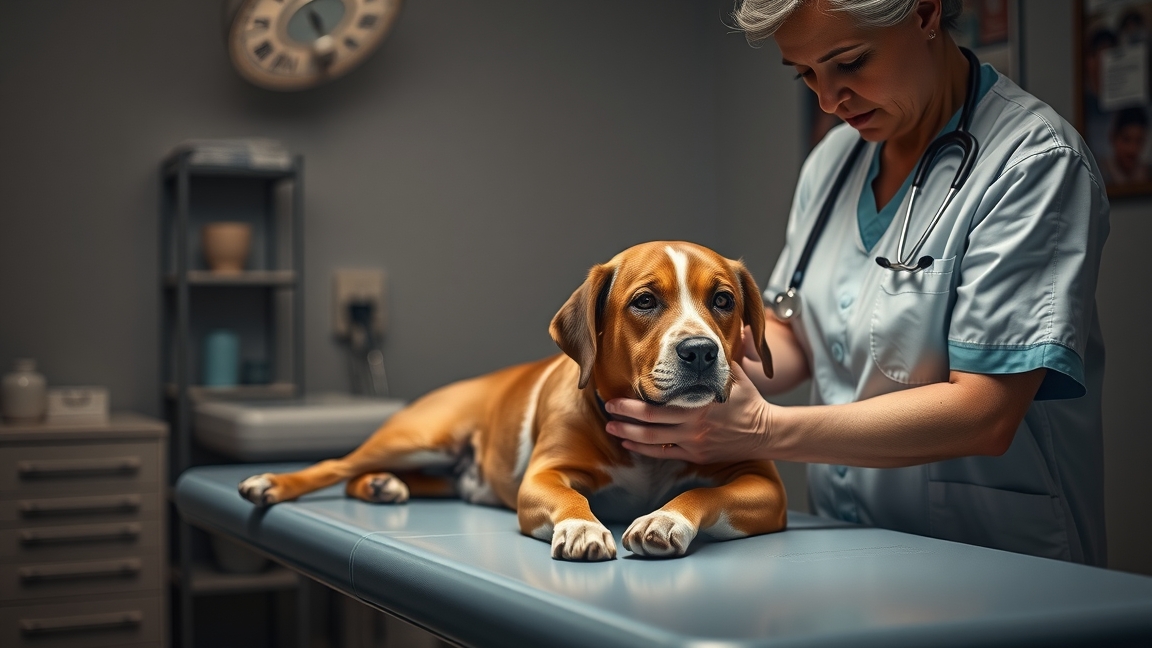 Kutya állatorvosi vizsgálaton, az altatás folyamatának előkészítése.