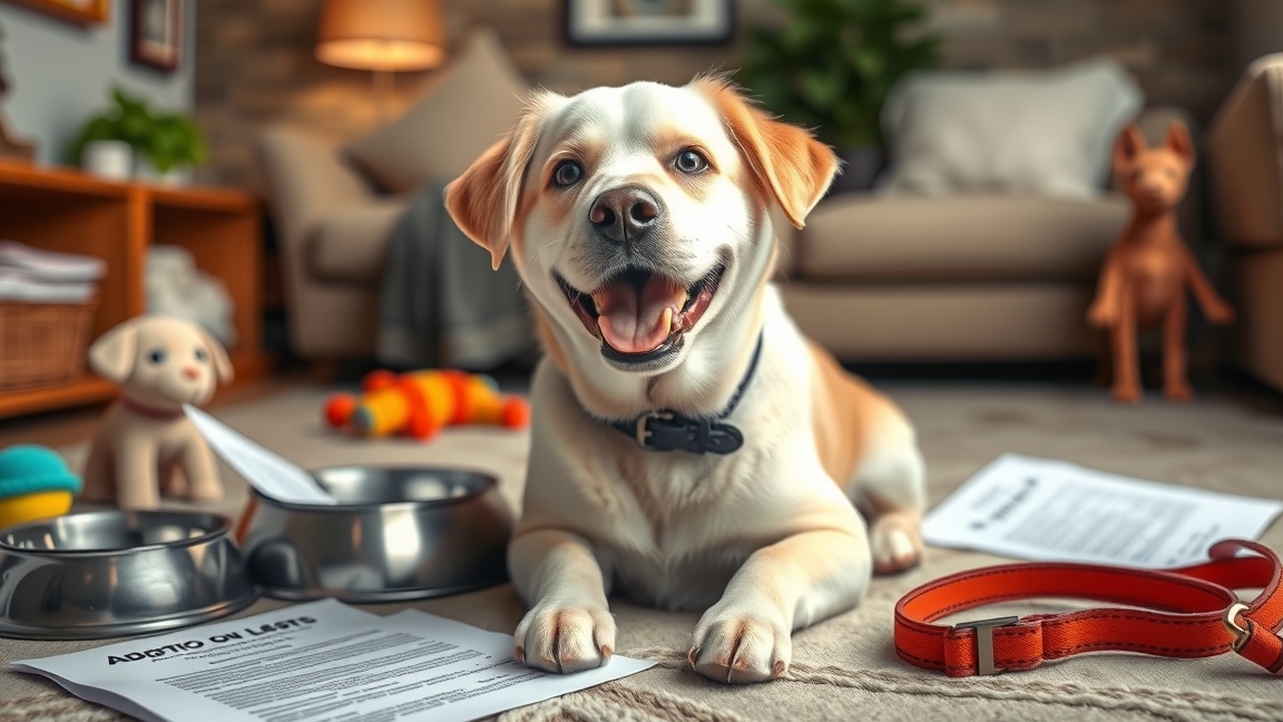 Barátságos kutya örökbefogadási dokumentumokkal és felszereléssel.