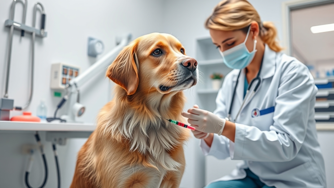 Kutyának oltást adó állatorvos a rendelőben
