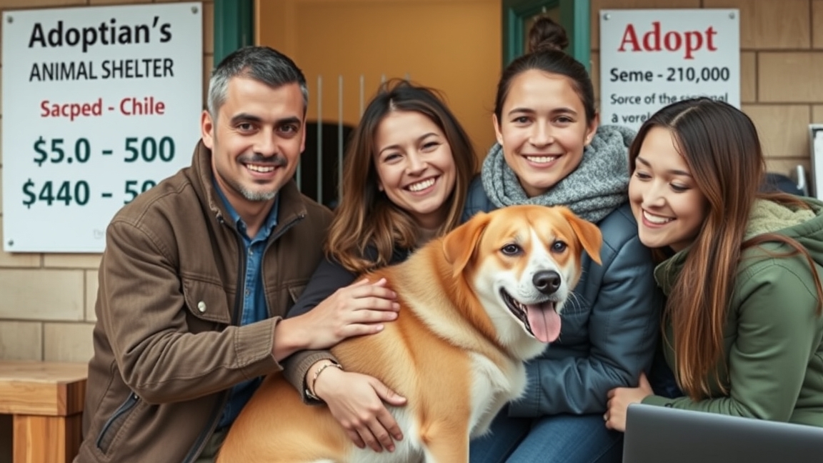 Család kutyával az állatmenhely előtt, örökbefogadásra várva.