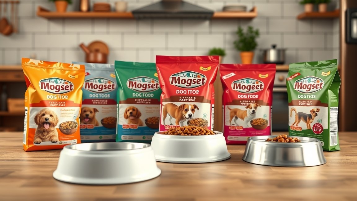 Mogset kutyatáp különböző ízekben és tálakban az étkezőben