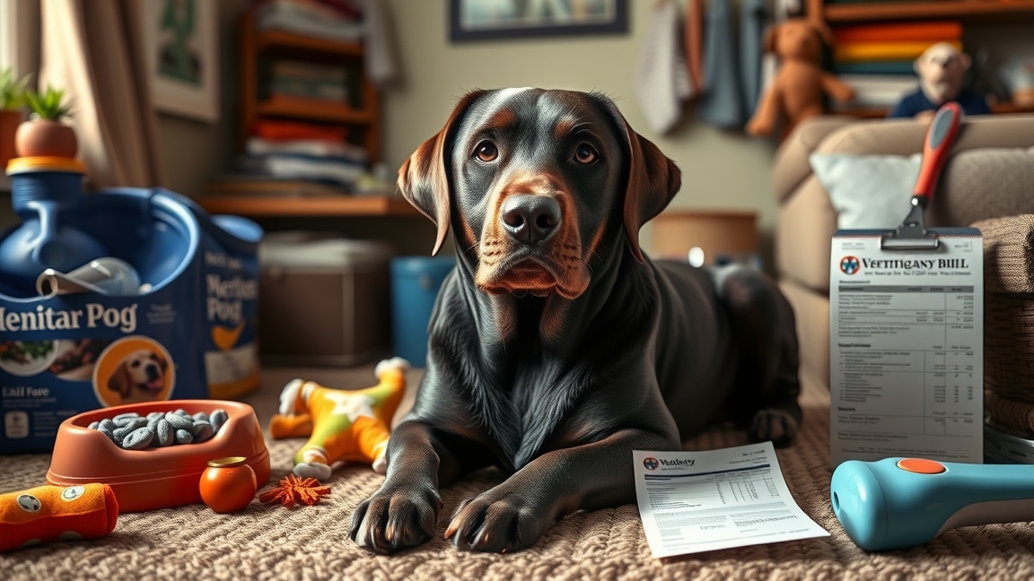 Labrador kutya a házban, játékok és állatorvosi számlák között.