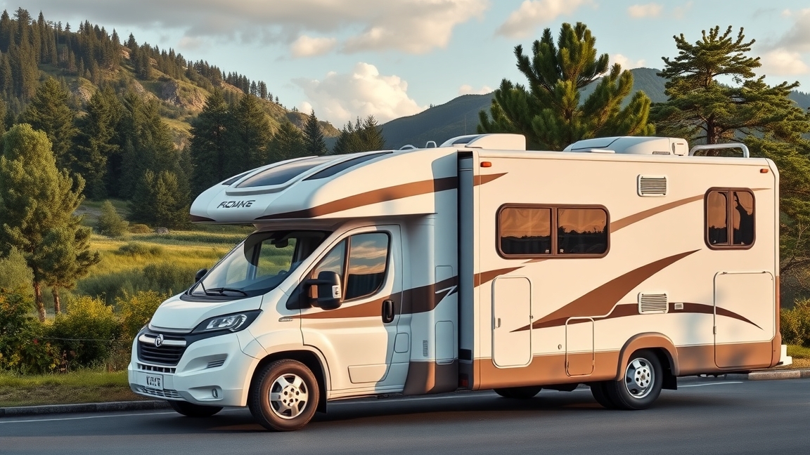 Modern lakóautó gyönyörű tájban, ideális utazásra