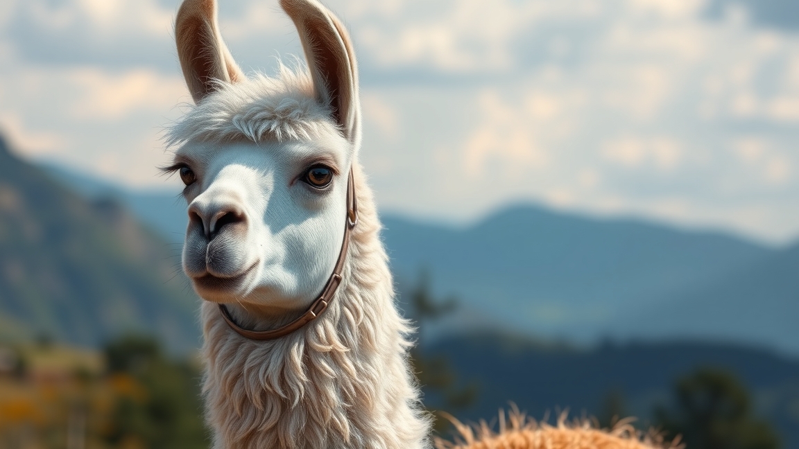 Fehér láma hegyvidéki környezetben, nyugodt tekintettel.