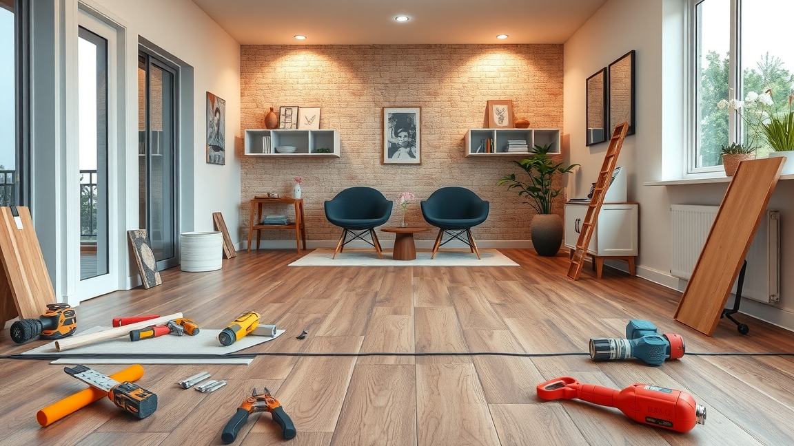 Modern lakás laminált padlóval és szerszámokkal a területen.