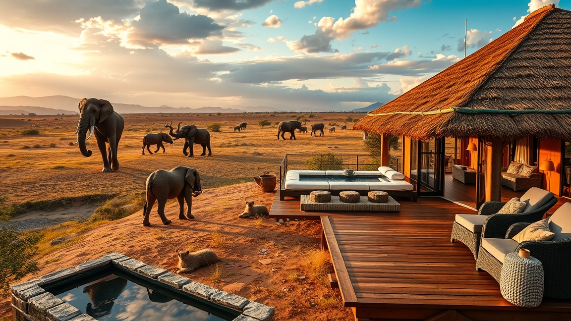Luxus szafari Tanzániában, elefántok a háttérben