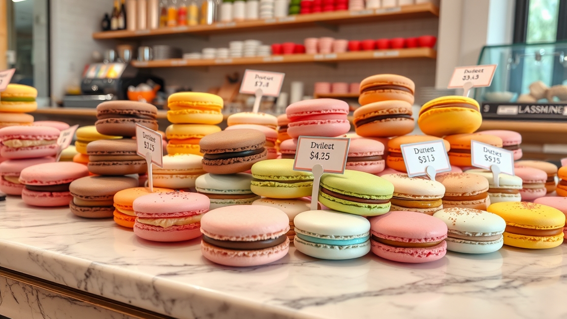 Színes macarons különböző ízekben egy cukrászdában