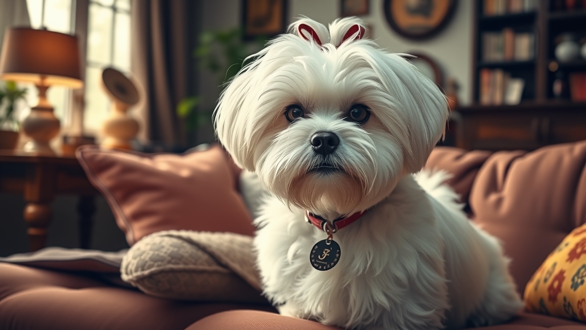 Máltai selyemkutya otthon egy kanapén, kedves arccal.