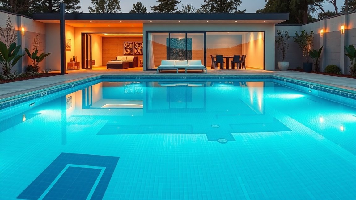 Modern családi medence esti fényekkel egy elegáns ház előtt.