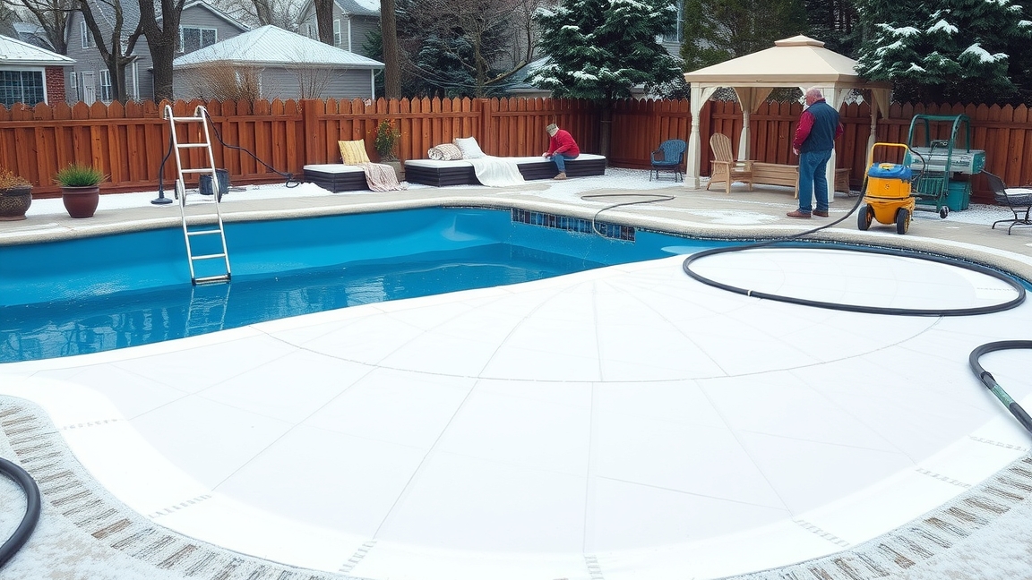 Két ember medence téliesítése, fehér takaróval.