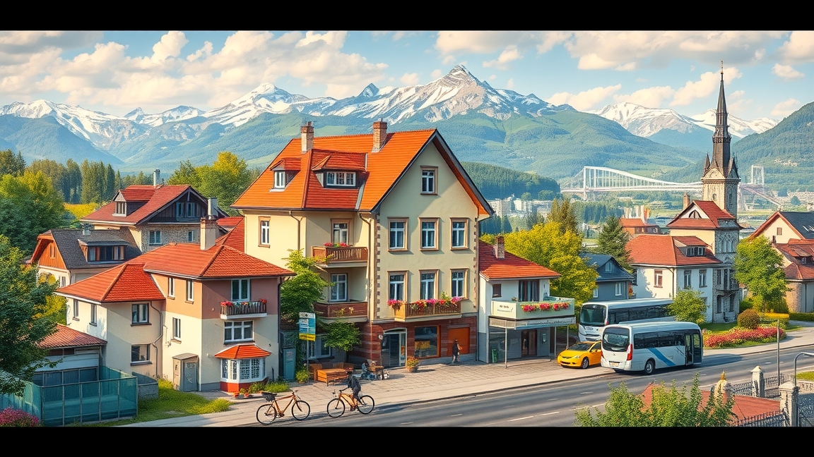 Ausztriai város látkép hegyekkel és házakkal