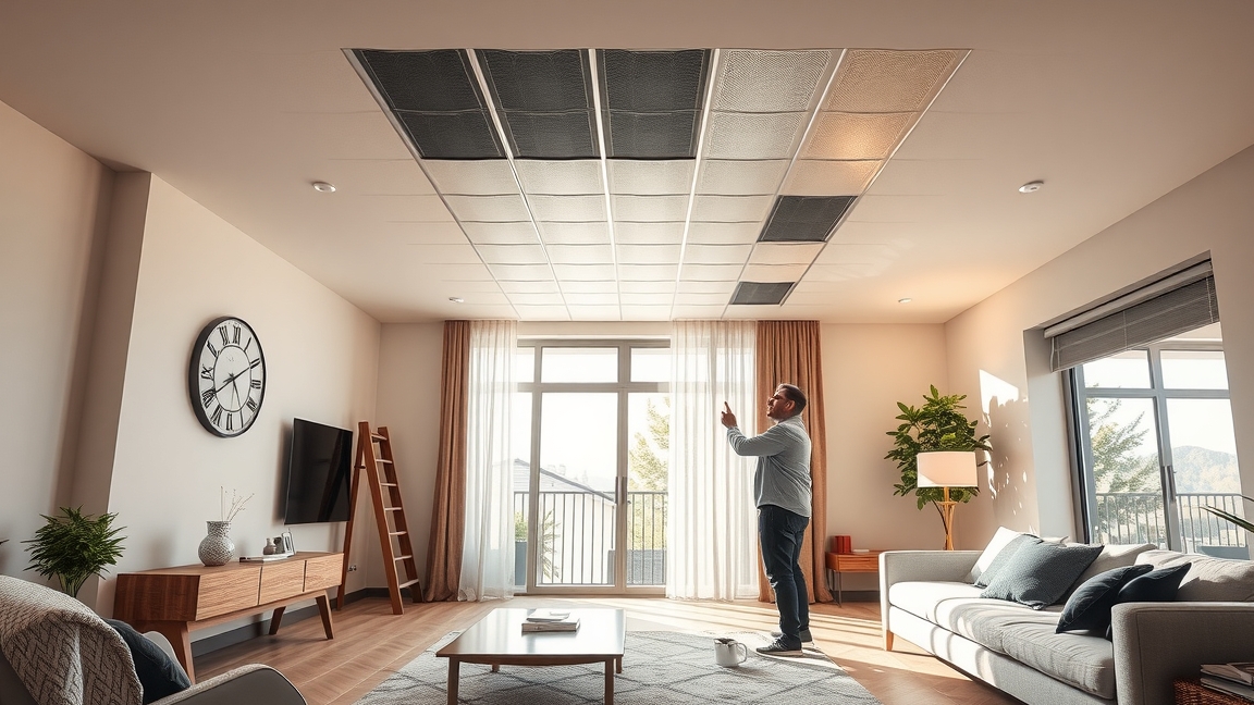 Mennyezetfűtési rendszer berendezése egy modern nappaliban.