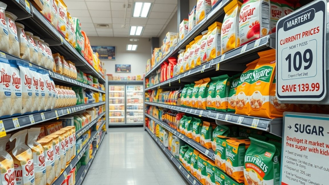 Cukor termékek a bolt polcain, aktuális árak kiírással