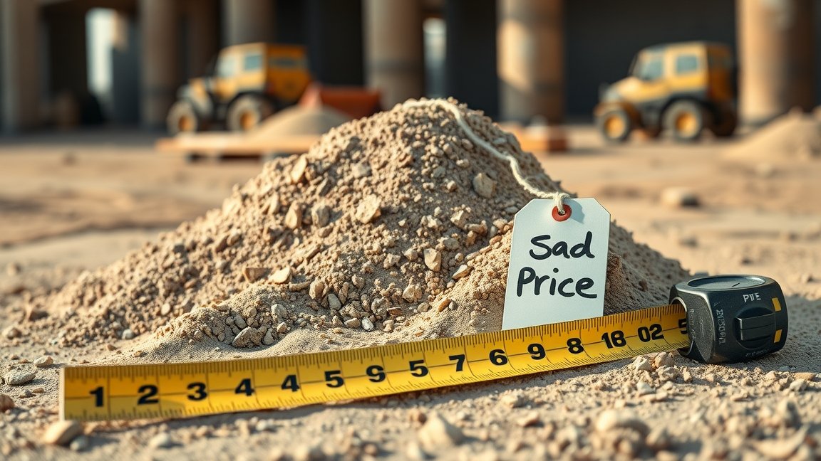 Homok halom mérőszalaggal és árcímkével építkezéshez