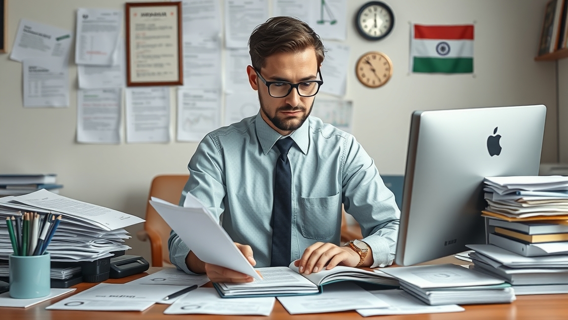 Fordító angolról magyarra, munkaasztalnál dokumentumokkal.