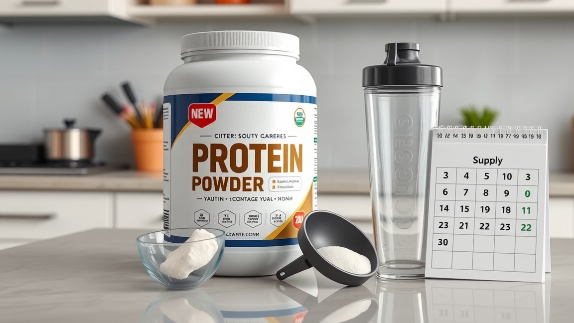 Fehérjepor, adagolókanál, shaker és naptár a konyhában.