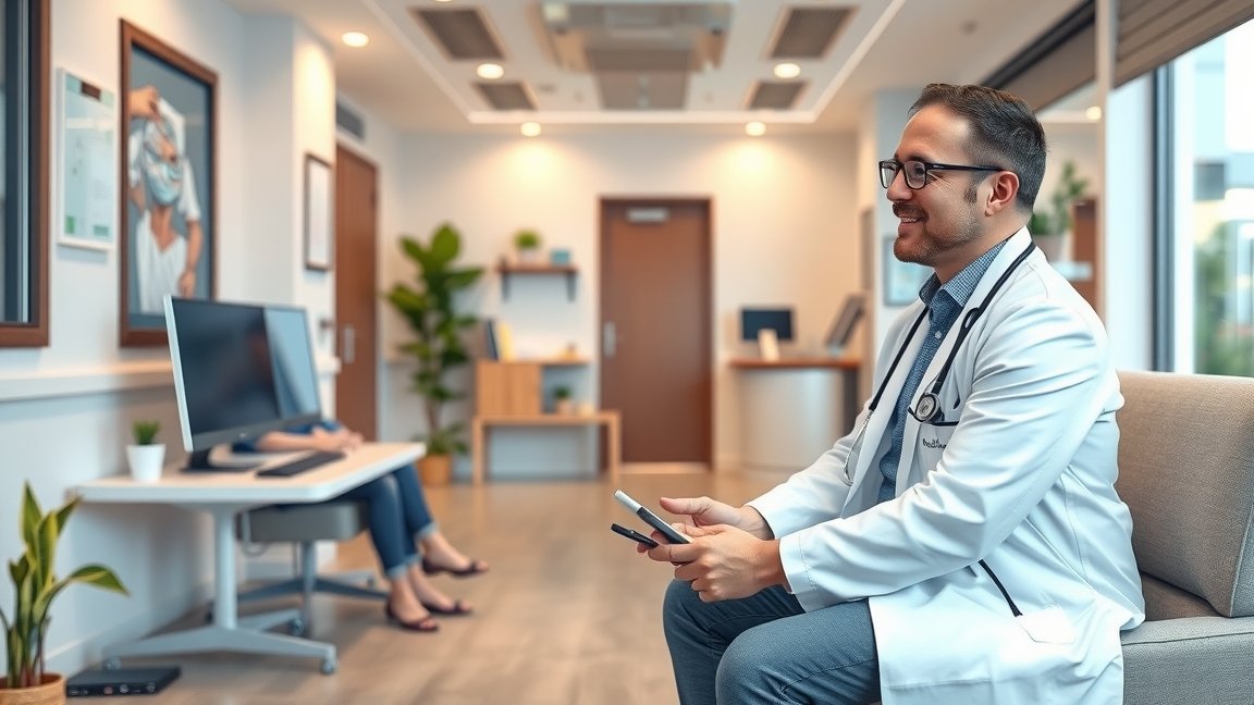 Magánorvosi ellátás váróterme, orvos és páciens.