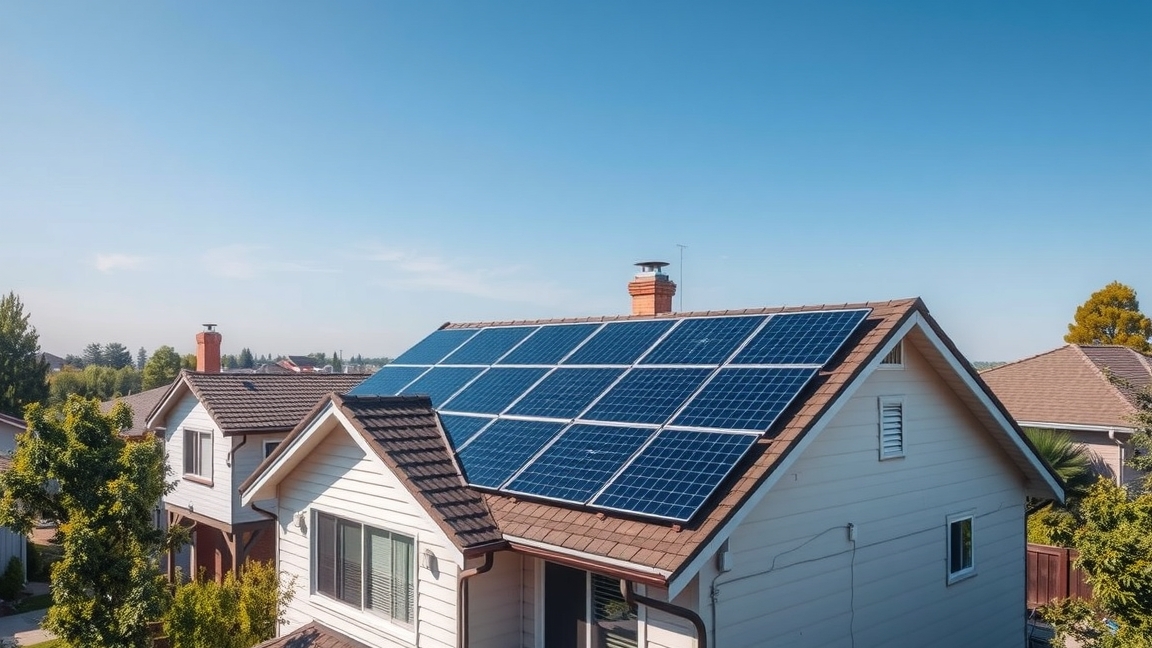 Napkollektorok a ház tetőjén világos háttérrel