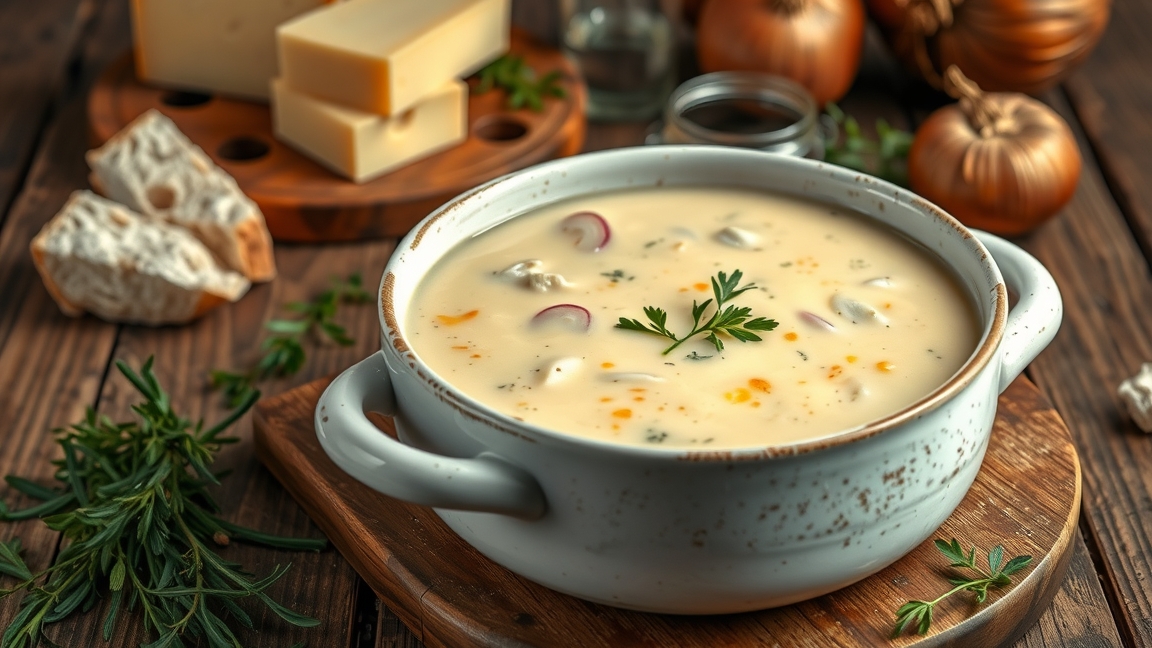 Ízletes sajtkémleves tálalva friss fűszerekkel és kenyérrel.