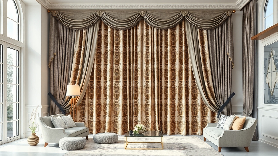Elegáns függönyök a modern nappaliban, stílusos berendezés