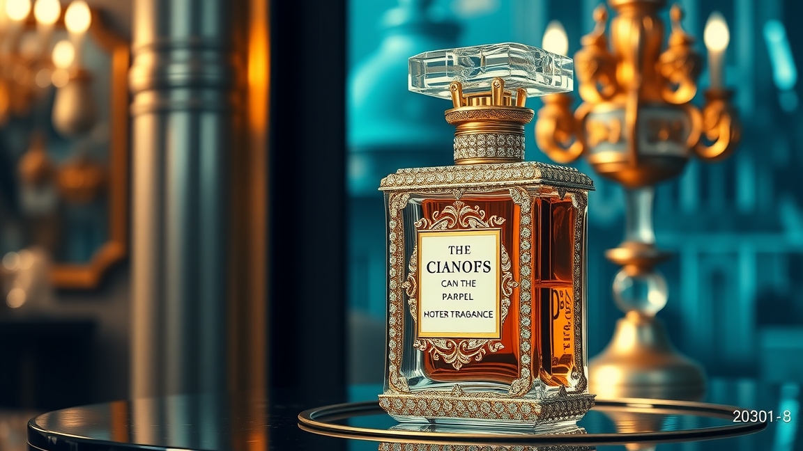 Luxus parfüm díszes üvegben, háttérben elegáns világítás.